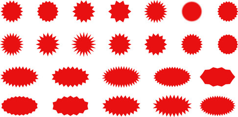 Starburst red sticker set - collection of special offer sale oval and round shaped sunburst labels and badges. Promo stickers with star edges. Vector.
