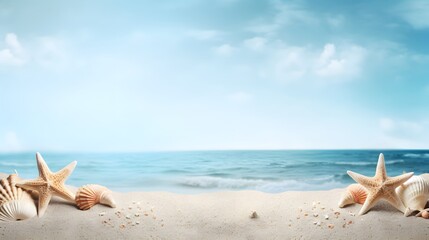 Fototapeta na wymiar Sun, sea, starfish and shells on a.beach, copy space