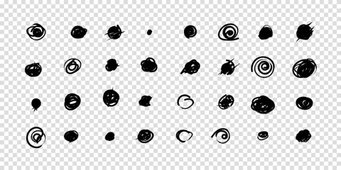 Set of hand drawn doodle circles in a grunge style. Vector illustration for bullet journal. Transparent background. Scribble doodle circle and point. Collection black shapes dots and drops.