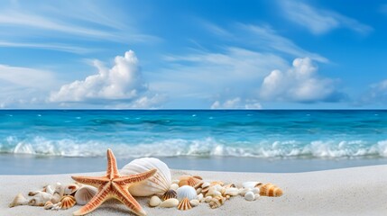 Fototapeta na wymiar Starfish and shells on a sunny beach