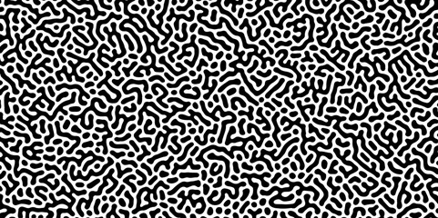 Abstract Turing organic wallpaper with background. Turing reaction diffusion monochrome seamless pattern with chaotic motion. Natural seamless line pattern. Linear design with biological shapes. - obrazy, fototapety, plakaty