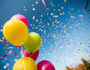 Colorful party and celebration confetti and helium balloons