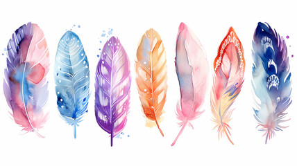 Elegant watercolor feathers with fine details, arranged in a bohemian composition.