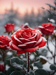 red roses frozen flowers and snow falling over winter landscape