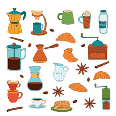 Set of isolated coffee elements brewing equipment. French press, mug, cup, milk pitcher, kettle