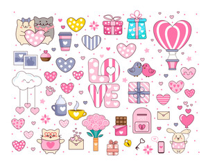 Vector festive set of Valentine's Day elements for creating postcards. A festive romantic collection of cartoon-style illustrations with an outline on a white background