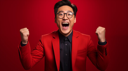 Homme asiatique, jeune, heureux, souriant, les poings serr&eacute;s, avec des lunettes, arri&egrave;re-plan rouge