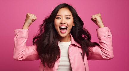 Femme asiatique jeune, heureuse, souriante, bras levés, poings serrés, arrière-plan rose - obrazy, fototapety, plakaty