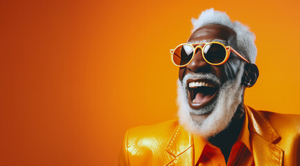 Homme noir senior, souriant, heureux avec barbe et lunettes, arrière-plan orange, image avec espace pour texte