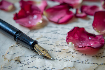 Fototapeta premium Vintage Fountain Pen Amongst Rose Petals and Love Letter