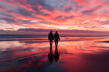 Fototapeta premium Silhouetted Pair Walking on Sunset Beach, Celebrating&nbsp;Valentine's Day
