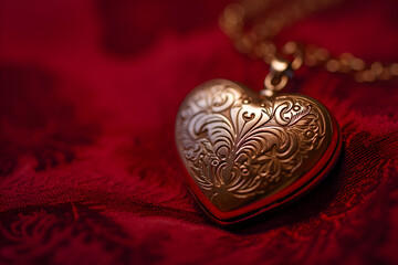 Engraved Heart Locket on Luxurious Red Fabric