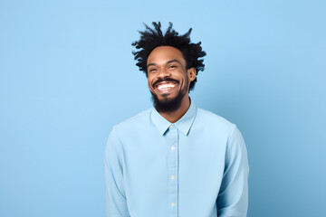 Colorful studio portrait of an ethnic man smiling happily. Pale blue dominant color. Generative AI