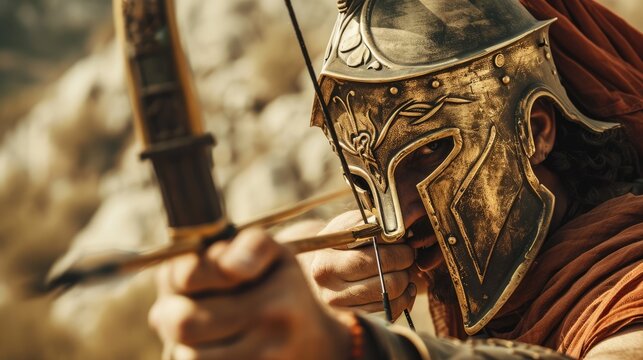 Epic Alexanderian Archer: Experience the Hellenistic style of archery with a Greek warrior, clad in a chlamys and Corinthian helmet, engaging in battle using a compact short bow during the time of Ale