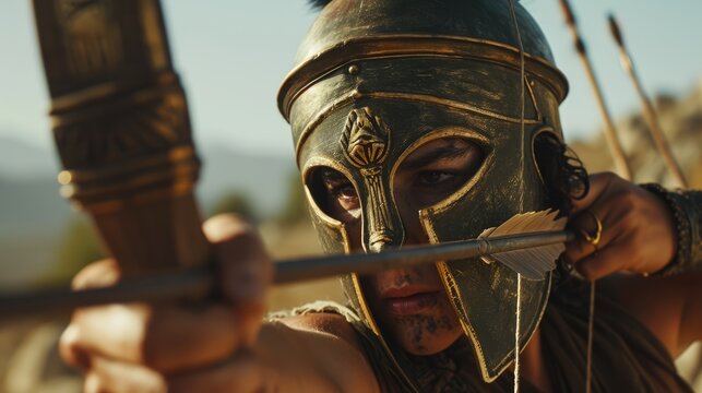 Epic Alexanderian Archer: Experience the Hellenistic style of archery with a Greek warrior, clad in a chlamys and Corinthian helmet, engaging in battle using a compact short bow during the time of Ale