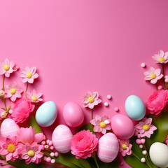 Pink spring background with Easter eggs and wildflowers
