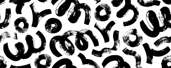 Brush and marker drawn bold doodle lines seamless banner design. Chaotic squiggles with thick circles.