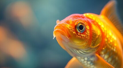 Goldfish closeup, tropical beautiful aquarium fish, clear water background