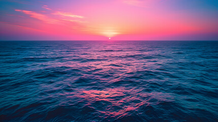 An ocean scene, with a gradient of neon colors across the horizon, during a tranquil sunset, embodying the Psychic Waves aesthetic of spiritual exploration