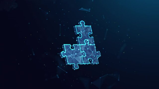 Abstract Animated Low Poly Illustration of Assembling Puzzle. Symbol of Corporate Collaboration, Partnership and Teamwork 4K Looped Motion Graphic on Blue Background.