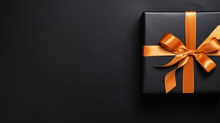 Elegant Top View Photo of Black Giftbox with Orange Satin Ribbon, Perfect for Luxury Holiday Occasions and Special Events - Classy Present Wrapping Concept.