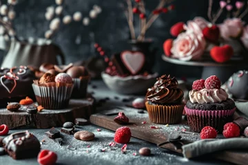 Fotobehang St. Valentines day cupcake and candy with red and pink heart © Yulia Furman