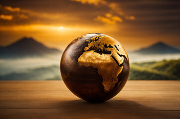 Earth planet in the shape of wooden ball with golden map on wood table on mountains background. Concept of life development, space exploration, cosmonautics day. AI generated - obrazy, fototapety, plakaty
