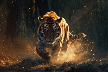 Majestic Roar: Witness the intense action of a wild tiger in the jungle, showcasing its fearsome and majestic presence as the undisputed king of the savanna.

