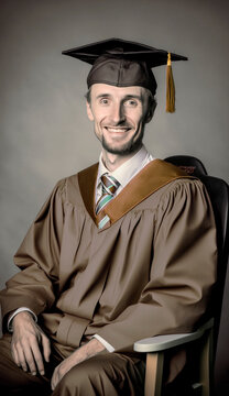 Homem, com roupa de formatura, usando chapeu de formatura, graduacao, com varias cores,  marrom