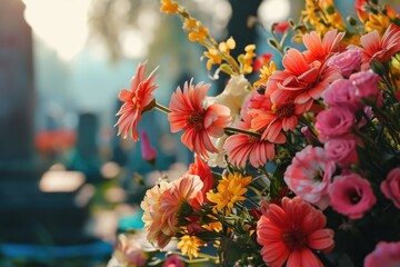 Bouquet Of Flowers In Cemetery, Symbolizing Funerals