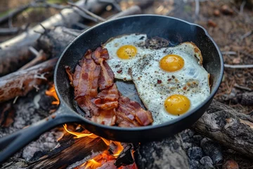 Deurstickers Delicious Forest Skillet: Camping Breakfast With Bacon And Eggs © Anastasiia
