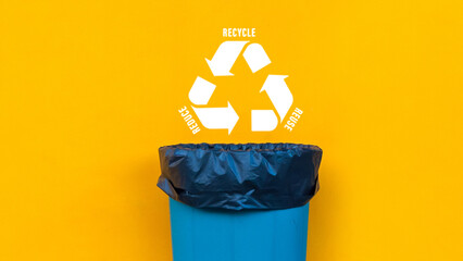 Reduce, reuse, recycle symbol with garbage bin on yellow background, Ecological concept, ecological...