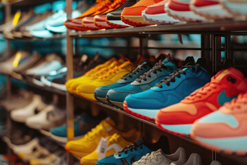 Closeup Of Sporty Sneakers Aligned On Store Shelf - obrazy, fototapety, plakaty