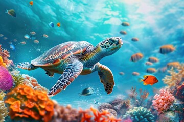 Obraz premium Colorful Underwater Scene With Sea Turtle And Fish