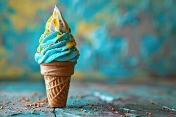 AI generated illustration of a soft-serve ice cream in a crisp cone, swirled with a dreamy blue hue