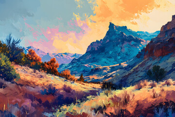 Colorful painting of a mountain landscape