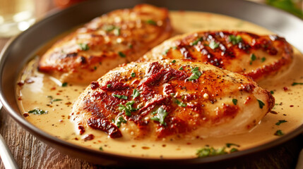 Chicken breast cutlets with sun-dried tomato cream sauce.