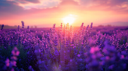 夕日の光が咲く紫色のラベンダーの花のパノラマGenerativeAI - obrazy, fototapety, plakaty