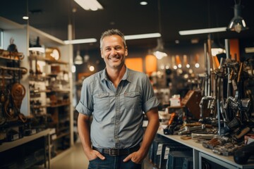 Fototapeta premium Portrait of a middle aged male employee in hardware store