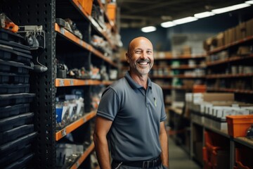 Portrait of a middle aged male employee in hardware store - obrazy, fototapety, plakaty