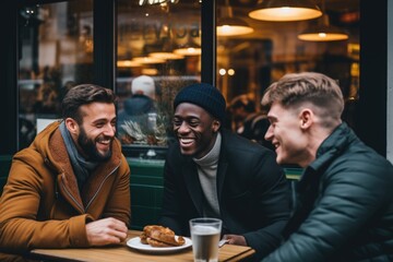 Fototapeta na wymiar Smiling diverse age group of men sitting in cafe