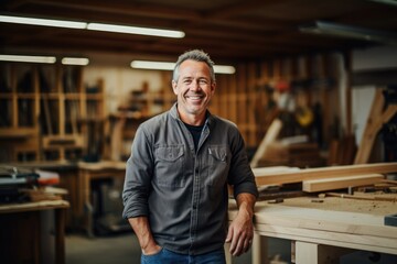 Portrait of a mature man in a carpentry shop
