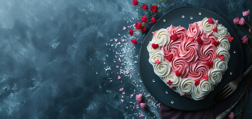 Heart-shaped cake decorated with pink and white cream and small red hearts. Love, romance, Valentine's Day concept. View from above.