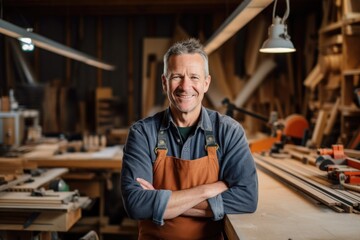 Portrait of a mature man in a carpentry shop - obrazy, fototapety, plakaty