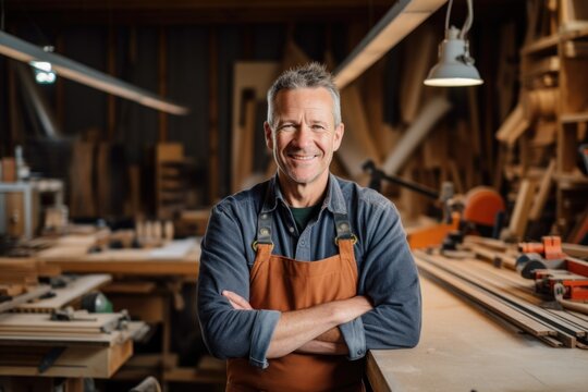 Portrait of a mature man in a carpentry shop