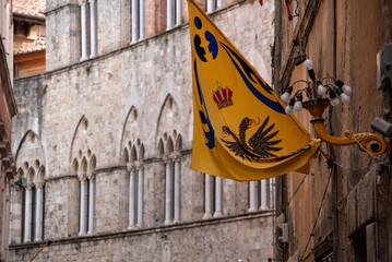 Fototapeta premium Contrade flags of the Aquila-Eagle district hanging in a street of downtown Siena