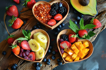 Exotic Fruit Medley, Heart-shaped bowls showcasing a variety of exotic fruits, Bursting with Vibrant Colors