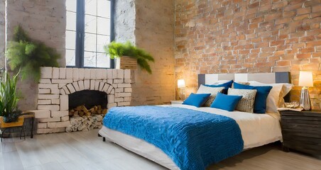interior of a room. Bed with blue pillow and coverlet near fireplace. Loft interior design of modern bedroom wit