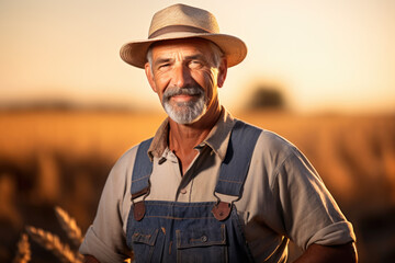 Portrait of a male farmer in his sun-kissed field, filled with a bountiful harvest
