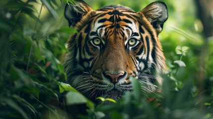 Fototapeta premium Portrait of a Bengal Tiger Amidst Foliage